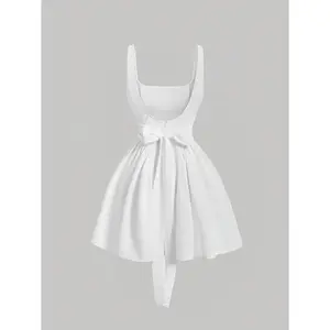 Vintage White Open Back Ladies' Dress,White Graduation Dress Casual Fabric