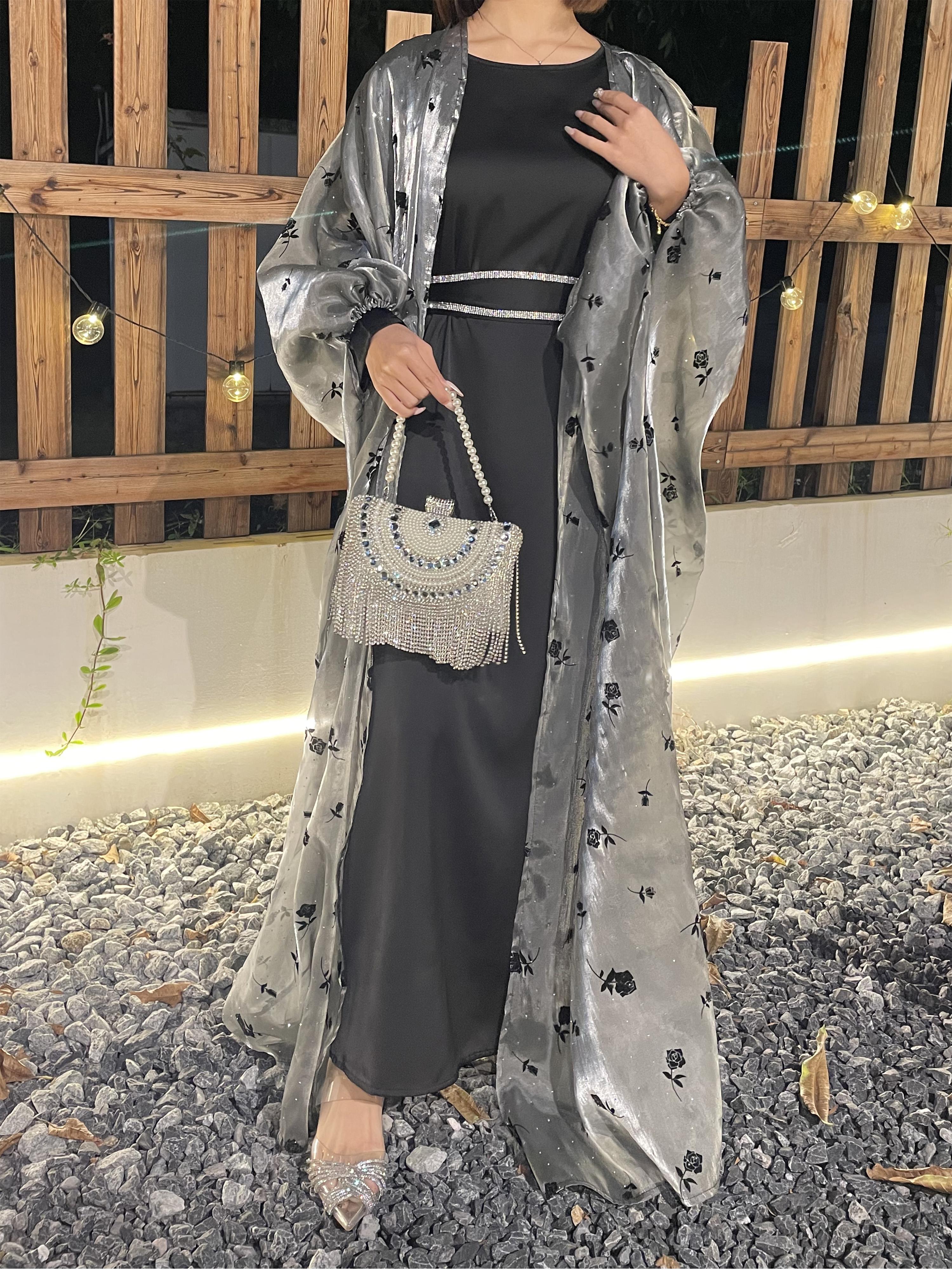 CL44 Organza Rose flower shiny abaya set, butterfly abaya with inner dress and crystal embellished belt,suitable for any occasions,Formal Chic【Fashionweek】 Modest Women