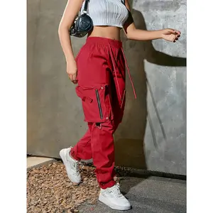 cargos dress [All Seasons  Cargo Pants] Women's High-Waist Wide-Leg Cargo Pants - Casual Fashion, Soft Polyester, Drawstring Elastic Waist, Multi-Pocket Design,  for All Seasons, Back Belt, All Seasons