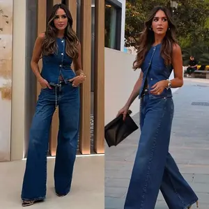 2025 Spring Summer New Women Sleeveless Vest Wide Leg Denim Suit Casual Loose Fit Two Piece Outfit for Daily Wear Office Street Style