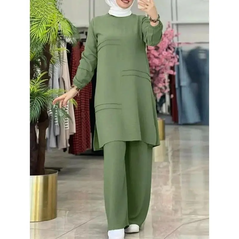 2025Two Piece Sets Shirt Dress &Pants Women Muslim Suits Shirt Blouse Musulman Ensembles Moroccan Kaftan Islamic Dress Sets