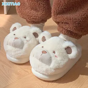 Comfortable Plush Bear Couple Slippers - Warm, Non-slip Winter Indoor Shoes, Soft Upper and EVA Sole, Cute Cartoon Design, Perfect for Indoor Comfort, Warm Indoor Slippers|Fashion Couple Outfits|Soft plush material Women Girl White Footwear Slide Flipflop