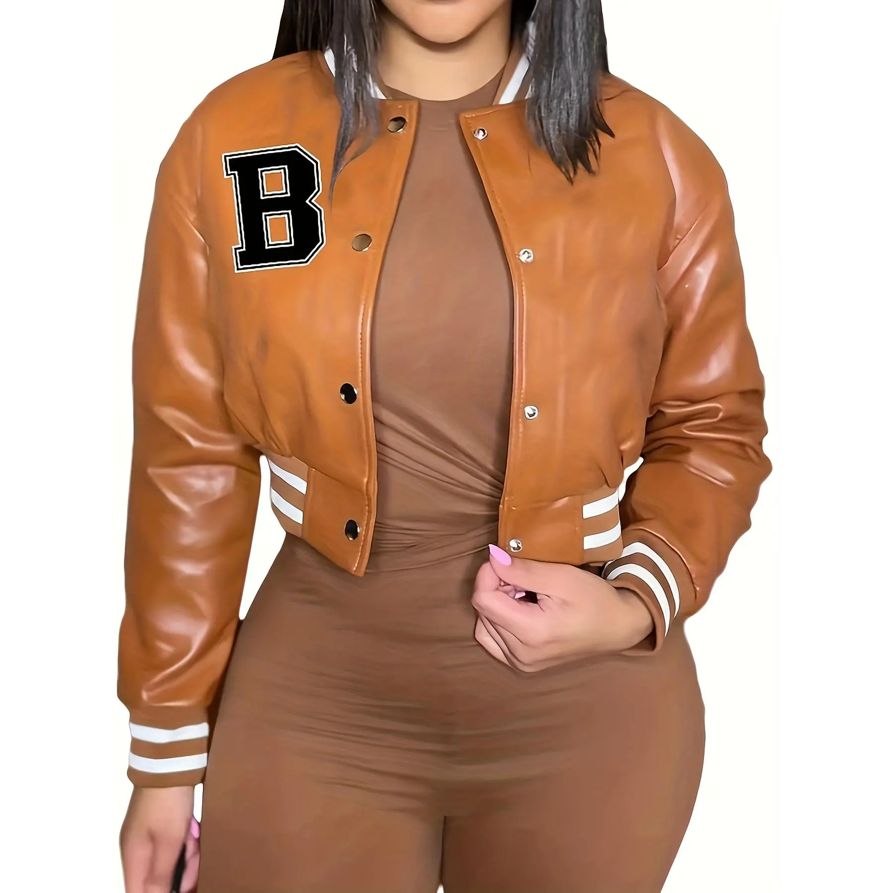 Plus Size Letter Print Faux Leather Bomber Jacket with Stand Collar, Long Sleeve Crop Jacket