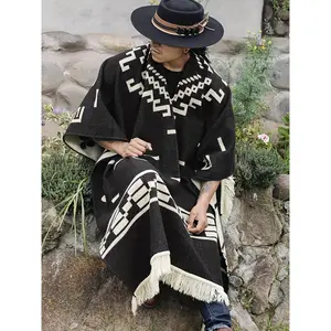 Western Bandit Inspired V-Neck Tribal Pattern Poncho - Polyester & Acrylic Blend, Non-Stretch Woven Fabric, Fall/Winter Warmth - Casual Cape for Outdoor Adventures and Shopping