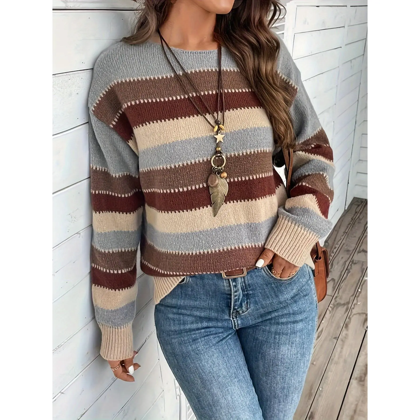 Color Block Crew Neck Sweater, Vintage Long Sleeve Sweater For Fall & Winter, Women's Clothing