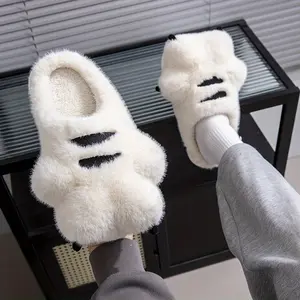Cozy Bear Paw Slippers for Men and Women Winter Cotton Slippers - Warm, Plush, Non-Slip Sole, Indoor/Outdoor Winter House Shoes, Brown Fluffy Design with Black Straps, Soft Fabric Lining, EVA Sole Non-Slip, Indoor Slippers