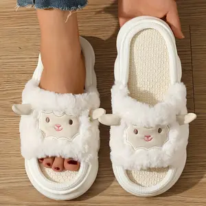 Cartoon Sheep Fluffy Fleece Open-Toe Slippers for Women, Comfortable Slip-On Soft Sole Home Shoes, Cute Lamb Design All-Season Fabric Indoor Slippers, European Special Honey Girl Style - Cixi Origin Footwear Slide