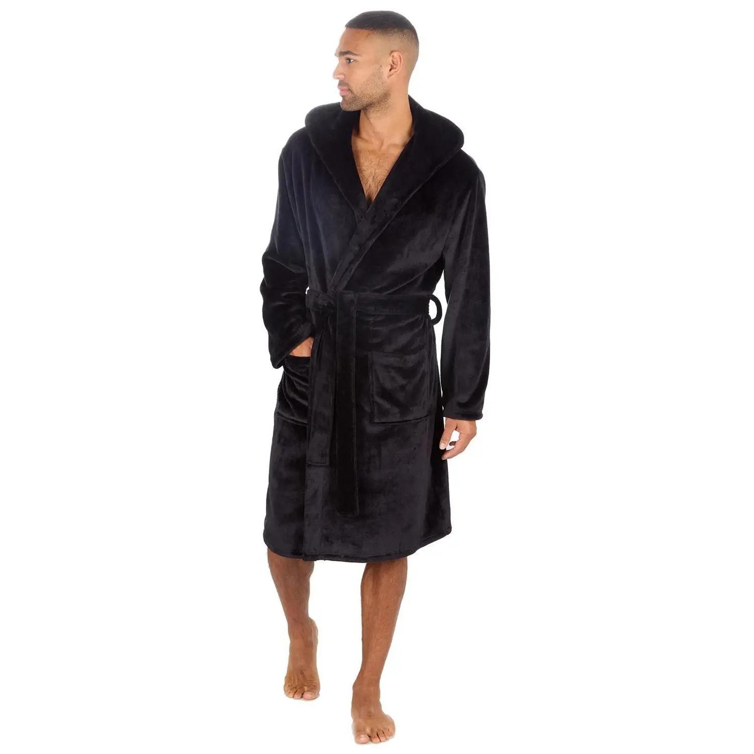 Pierre Roche Menswear Fleece Hooded Neck Bathrobe - Men's Soft Fabric Loungewear Garment with Pockets, Waist Tie, Customized Option, Polyester, At-Home Men's Robes, Polished Fleece, Relaxing At Home, Running Errands, Customizable