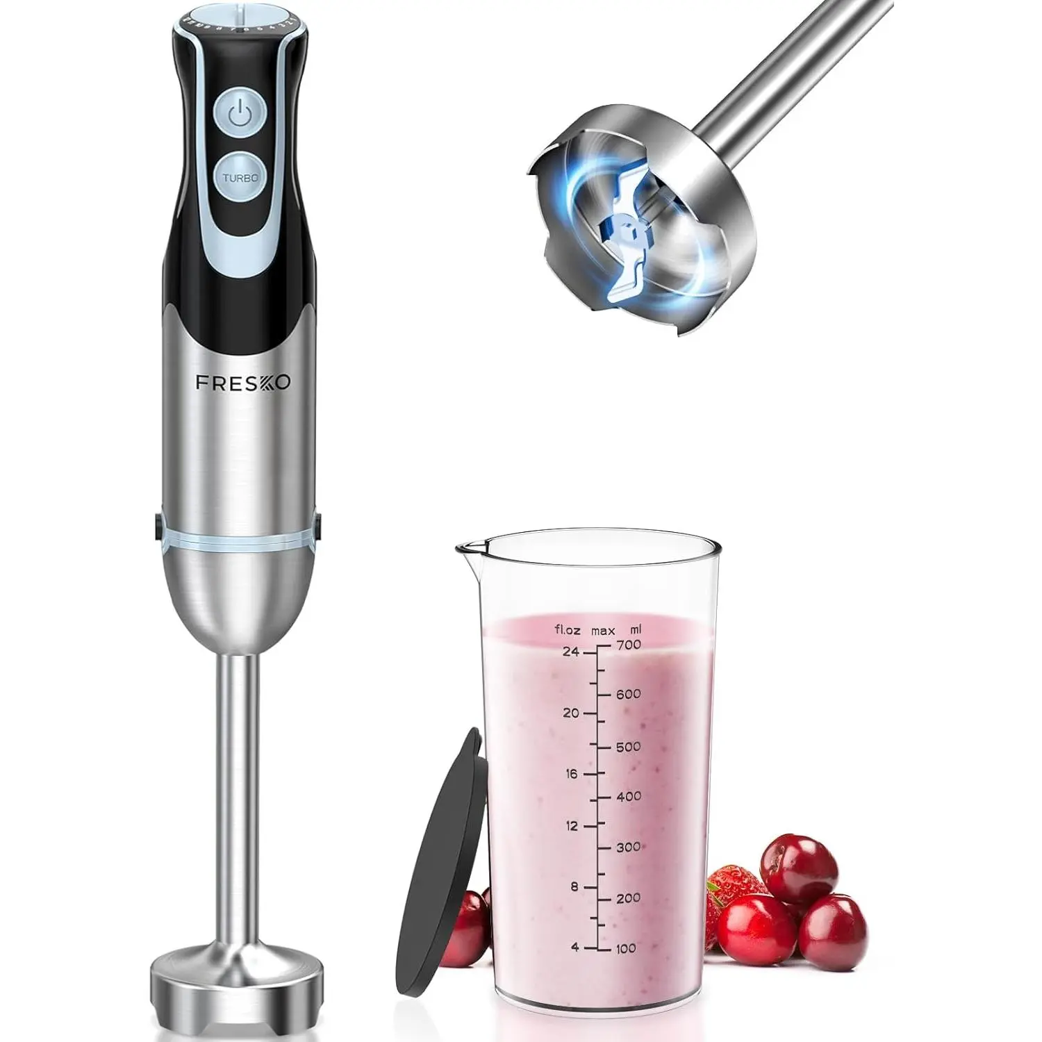 Immersion Handheld Blender 500W with 700ml Beaker, 12-Speed & Turbo Mode Hand Blender Stick, 304 Stainless Steel Blades