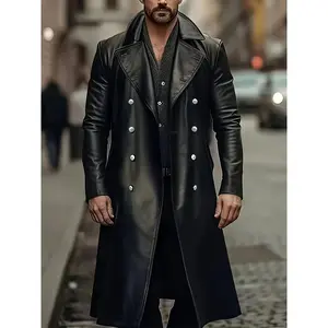 Plus Size Double-Breasted Trench Coat - Men's Casual Long Overcoat - 100% Polyester, 300gsm, Solid Color, Non-Stretch Fabric, Woven, Lapel Collar, Regular Fit for Spring/Fall