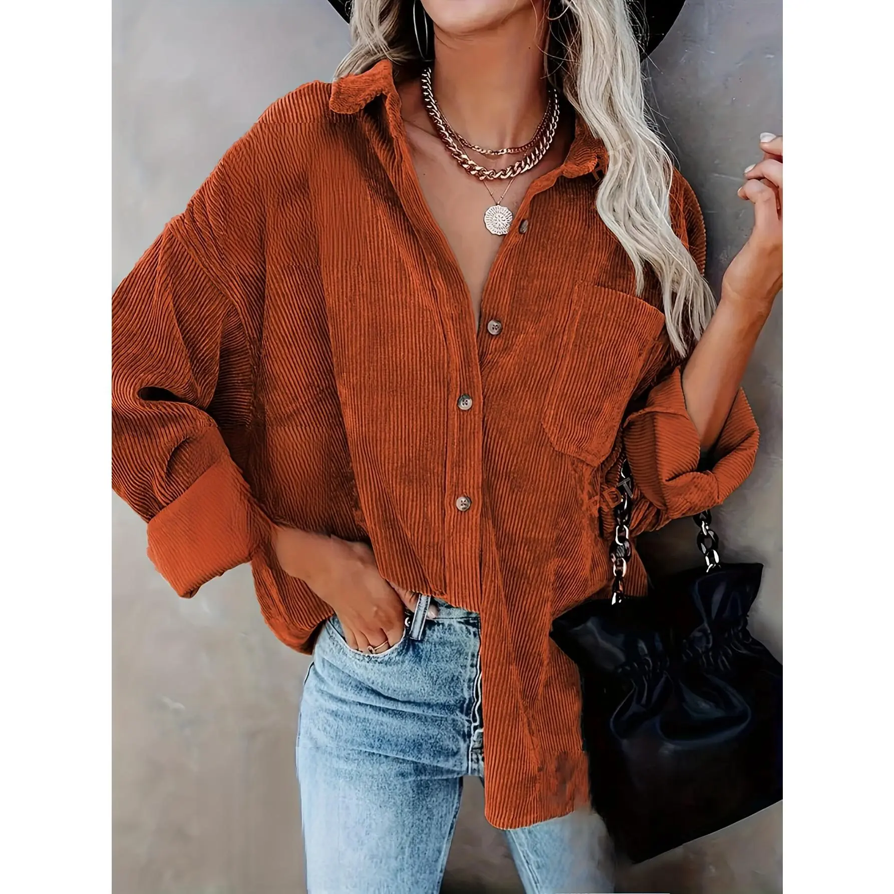 Women's Oversized Corduroy Button-Up Shirt - Long Sleeve, Loose Fit, Rust Orange, Casual Style with Pockets, Perfect for Spring/Fall, Casual Wear Shirt |   Stylish Pockets |   Corduroy Fabric