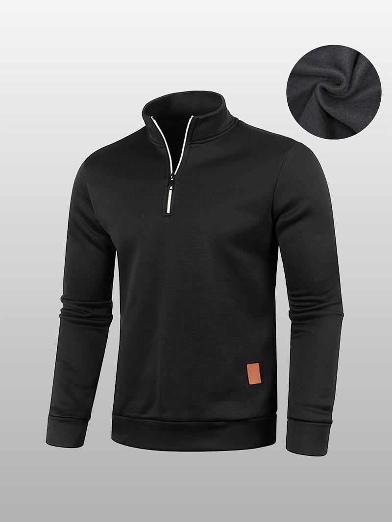 3-Pack Men'S Fleece-Lined Half-Zip Sweatshirts, Casual Solid Color Pullovers with Stand Collar, Long Sleeve, Polyester 100%, Slight Stretch, Knit Fabric, 210g/m², for Fall/Winter, Hiking & Outdoor, Regular Fit
