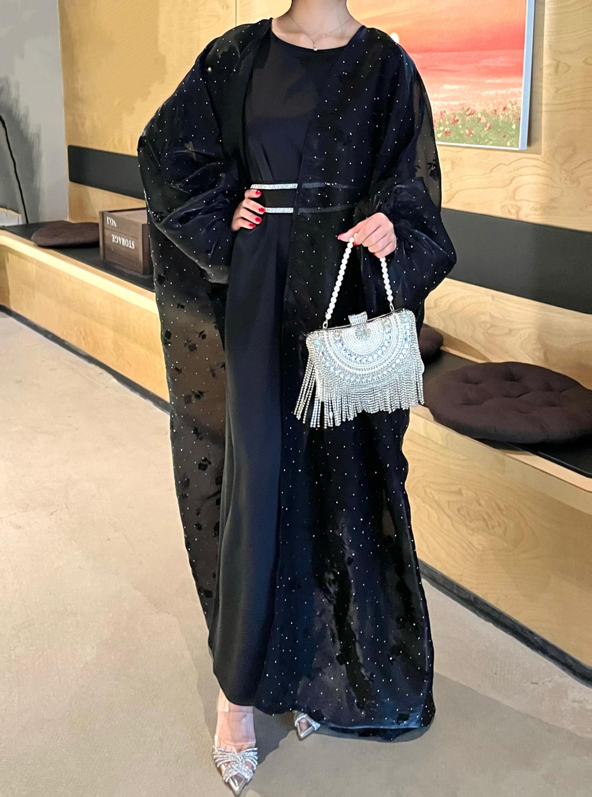 CL44 Organza Rose flower shiny abaya set, butterfly abaya with inner dress and crystal embellished belt,suitable for any occasions,Formal Chic【Fashionweek】 Modest Women