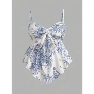 Plus Size Summer Asymmetric Hem Cami Top With Front Center Tie, Elastic Back, Textured Fabric, Printed