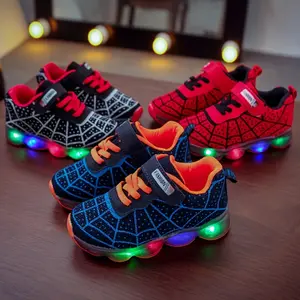 Casual Cool Spider Net Woven Shoes With LED Light For Boys Breathable Non-slip Sneakers For Walking Running Training Trendy Trainers Black High Top