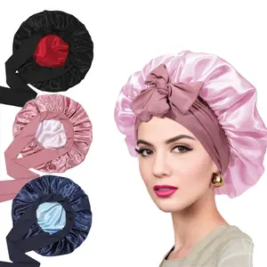 Double Layer Satin Bonnet Hair Satin Lined Silk Bonnet For Sleeping Bonnet With Tie Band Satin Hair Bonnet Adjustable Bonnets For Women and girls Natural Curly Hair Heatless Styling Tools Heatless Curls