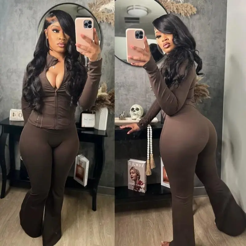 Women Clothes Two Piece Flared Pants Tracksuits Set Casual Gym Active Wear 2 Piece Set Lounge Womens Matching Sets Long Sleeve Womenswear
