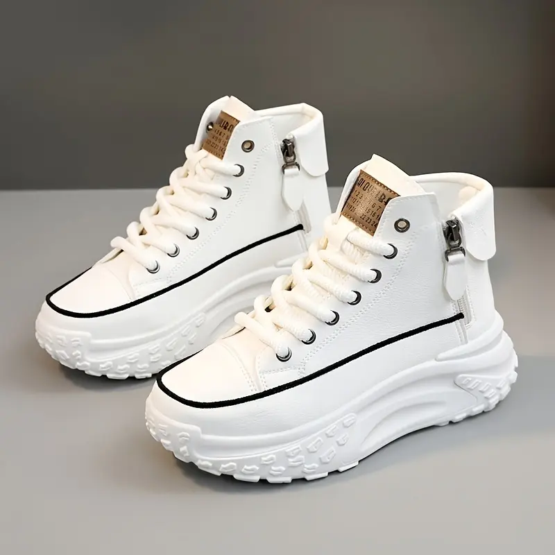 Women's Trendy Platform Sneakers, Lace Up & Side Zipper High Top Skate Shoes, Comfortable Heightening Sports Shoes plus size