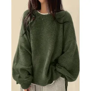 Solid Crew Neck Pullover Sweater, Casual Long Sleeve Drop Shoulder Split Sweater, Women's Clothing