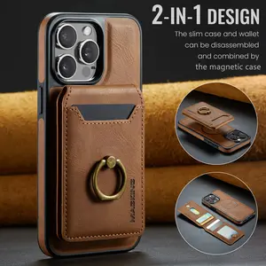 iPhone Case with Card Holder - Detachable Magnetic Wireless Charger Faux Leather Kickstand Case for iPhone 16/15/14/13/12 Pro Max Plus - 5 Card Slots, Shockproof Cover