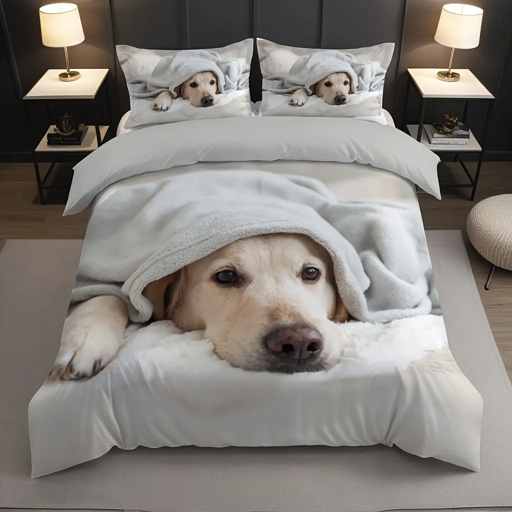 Polyester 2/3-Piece Labrador Dog Printed Bedding Set - 1 Duvet Cover + 1/2 Pillowcases (No Insert) - Cute Pet-Themed Soft Bedding for Bedroom, Dormitory - Ideal for Family, Friends, Animals
