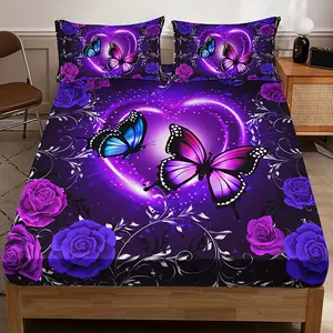 3PCS Fashion Romantic Purple Butterfly Floral Home High-Definition Digital Print Bed Sheet Set