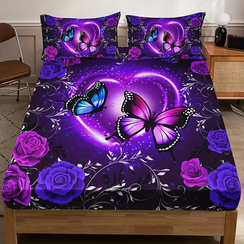 3PCS Polyester Romantic Purple Butterfly Floral All-Seasons Home Bedding Set, High-Definition Digital Print Bed Sheets