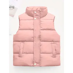 Kids Winter Puffer Vest Jacket, Solid Color Polyester 100% Thickened Lined Stand Collar Sleeveless Coat with Pockets, Casual Slim Fit Girls, Regular Length