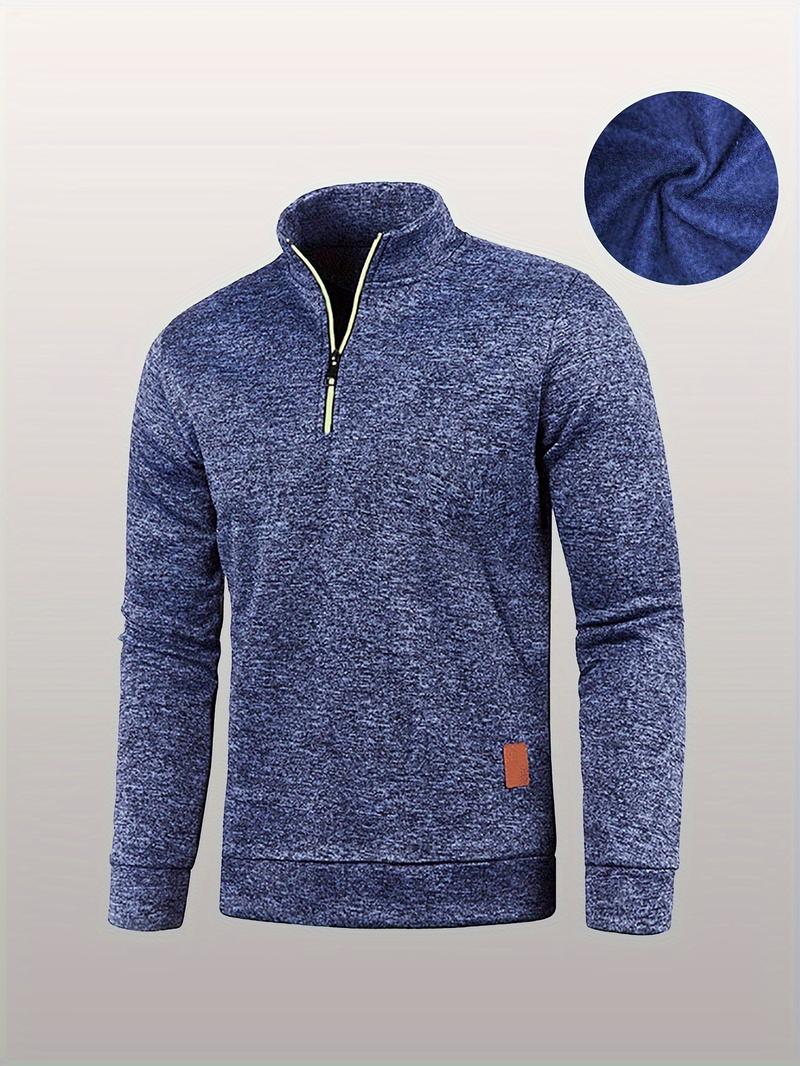 3-Pack Men'S Fleece-Lined Half-Zip Sweatshirts, Casual Solid Color Pullovers with Stand Collar, Long Sleeve, Polyester 100%, Slight Stretch, Knit Fabric, 210g/m², for Fall/Winter, Hiking & Outdoor, Regular Fit