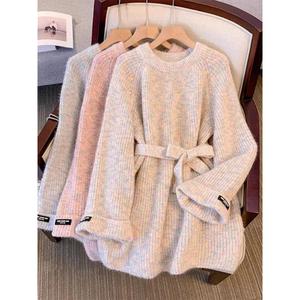 Women's Elegant Lace Up Sweater Dress Autumn Winter 2025 New Soft Loose Round Neck Long Sleeved Pullover Knitted Mid-length Top