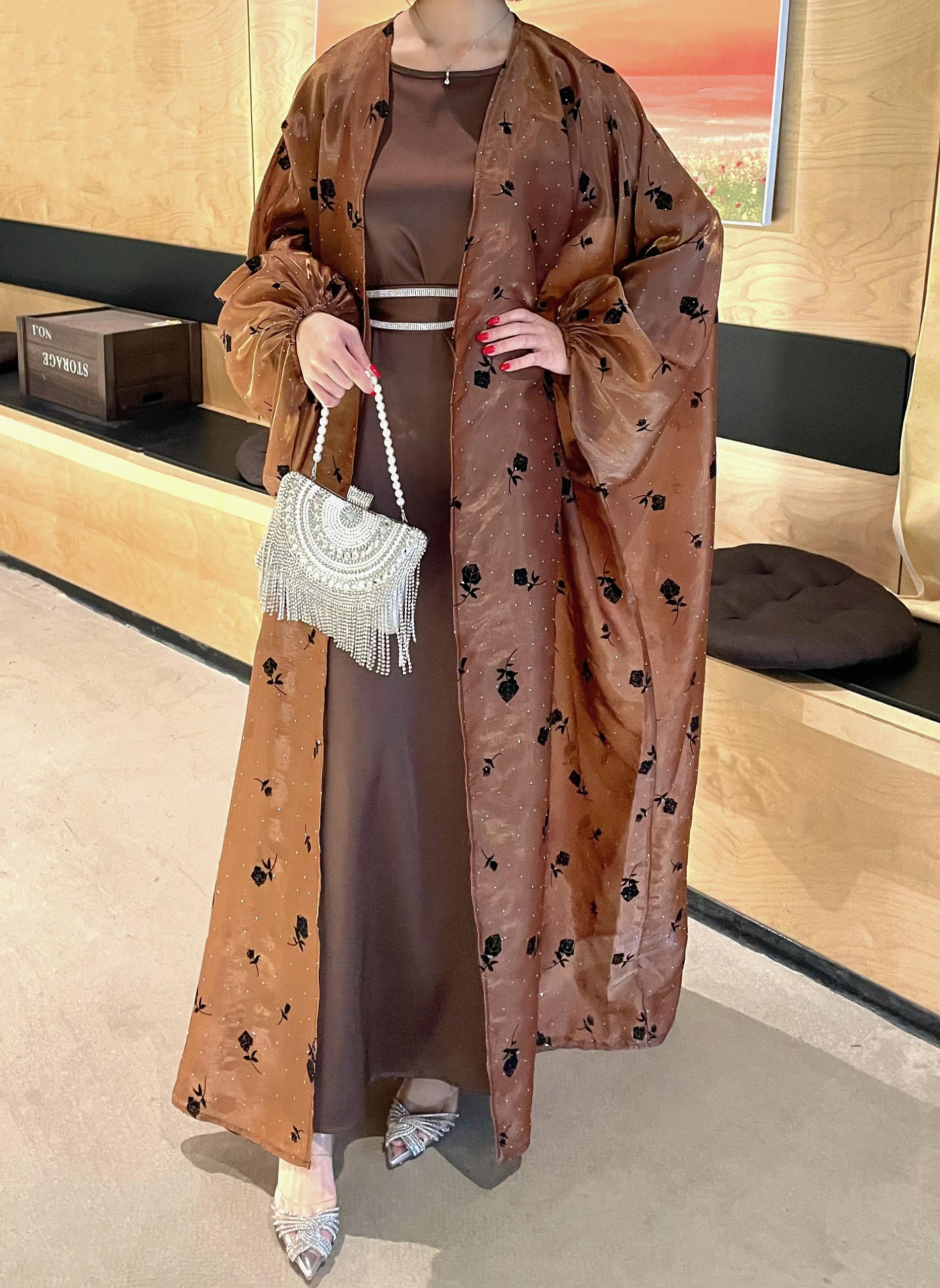 CL44 Organza Rose flower shiny abaya set, butterfly abaya with inner dress and crystal embellished belt,suitable for any occasions,Formal Chic【Fashionweek】 Modest Women