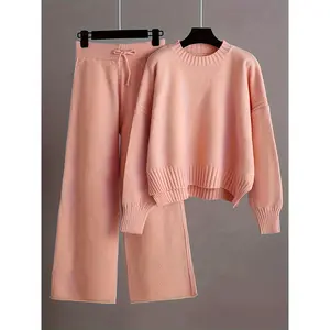 Fall Winter Fashion Casual Knitting Suit Pants Women's Loose Sweater Wide Pants Two-Piece Set