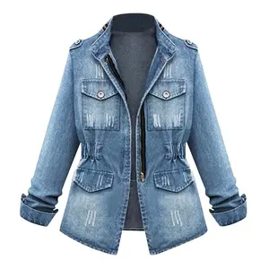 Denim Jacket Womens Casual Solid Casual Oversize Autumn Ladies Slim Jeans Chain Jacket Pocket Coat Plus Size