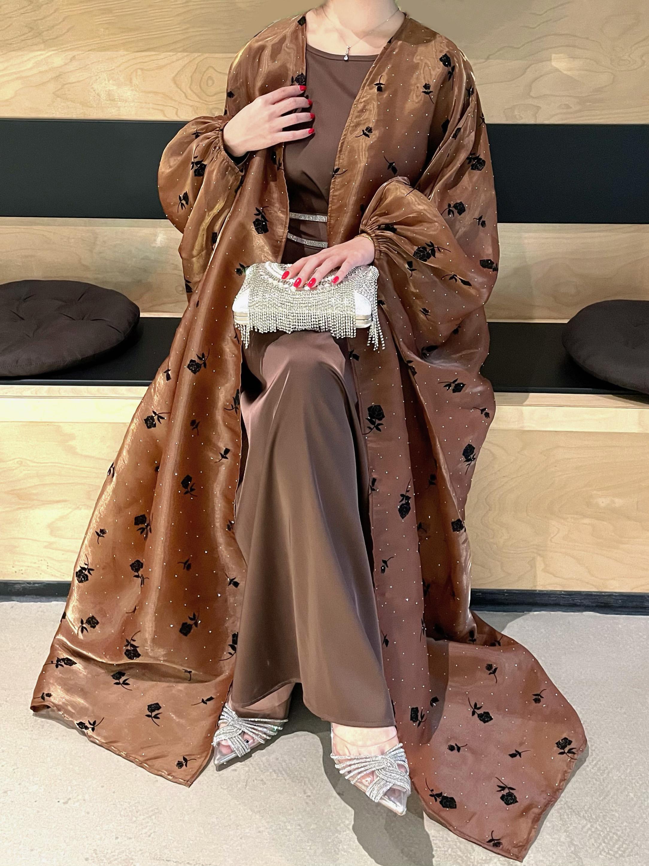 CL44 Organza Rose flower shiny abaya set, butterfly abaya with inner dress and crystal embellished belt,suitable for any occasions,Formal Chic【Fashionweek】 Modest Women