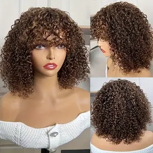 Hot New Arrived P1b/30 Highlight Human Hair Wigs For Women Afro Kinky Curly Wigs With Bangs Ombre Colored Curly Human Hair Wig 10 12 14 Inch Short Brazilian Hair Wigs 180%