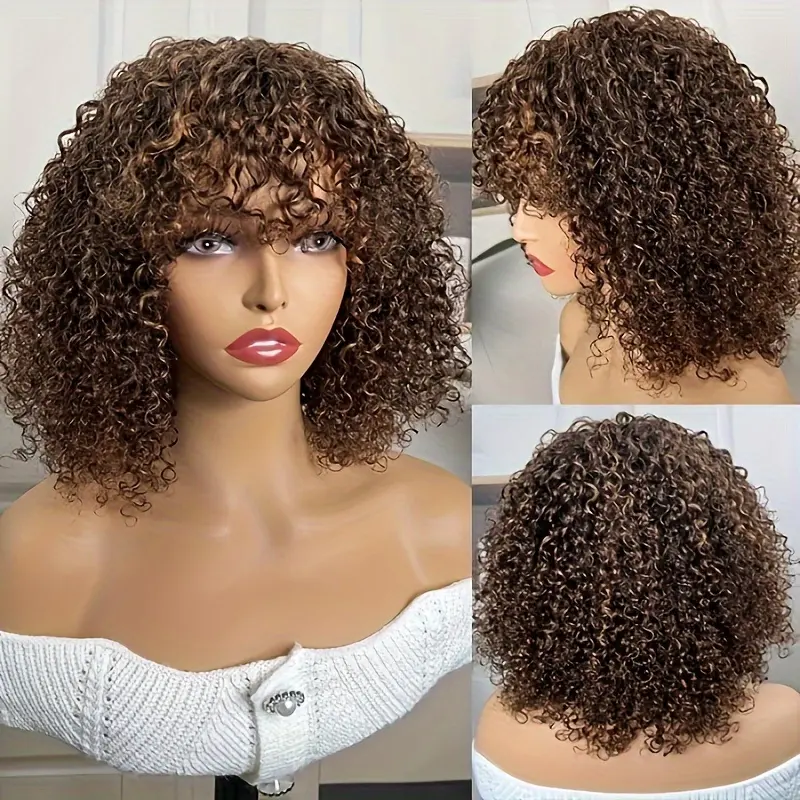 Women's Hot New Arrived P1b/30 Ombre Brazilian Curly Human Hair Full Machine Wig, 180% Density, Afro Kinky Curls, Bangs, 10-14 in Short Real Hair Wigs for Afro Look