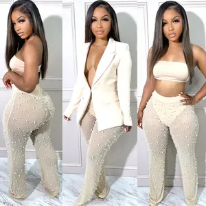 Casual Blazer Pearls Pant Sets Two Piece Set Women Solid Long Sleeve Single Button Jacket Top Mesh Trousers Outfit Party Suits