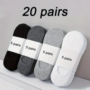 Men's 20-Pair Menswear Polyester No-Show Socks, Thin Cut, Anti-Odor, Sweat-Absorbent, Plain Casual All-Season Sports Socks with Mixed Colors
