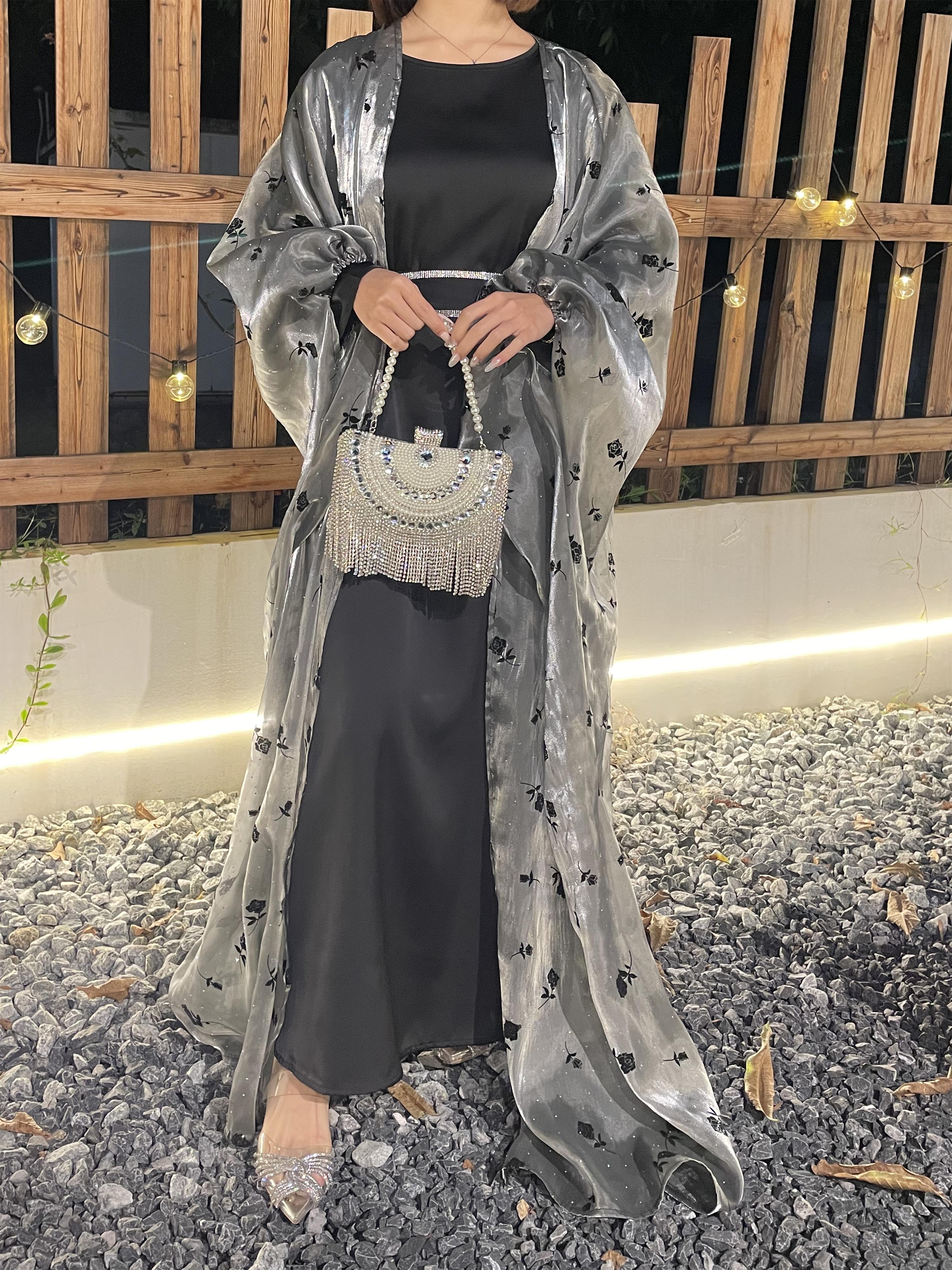 CL44 Organza Rose flower shiny abaya set, butterfly abaya with inner dress and crystal embellished belt,suitable for any occasions,Formal Chic【Fashionweek】 Modest Women