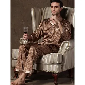 2pcs Men'S Luxury Vintage Geometric Print Lapel Long Sleeve & Trousers Pajama Set, Comfortable & Skin-friendly Style Men'S Cozy Loungewear