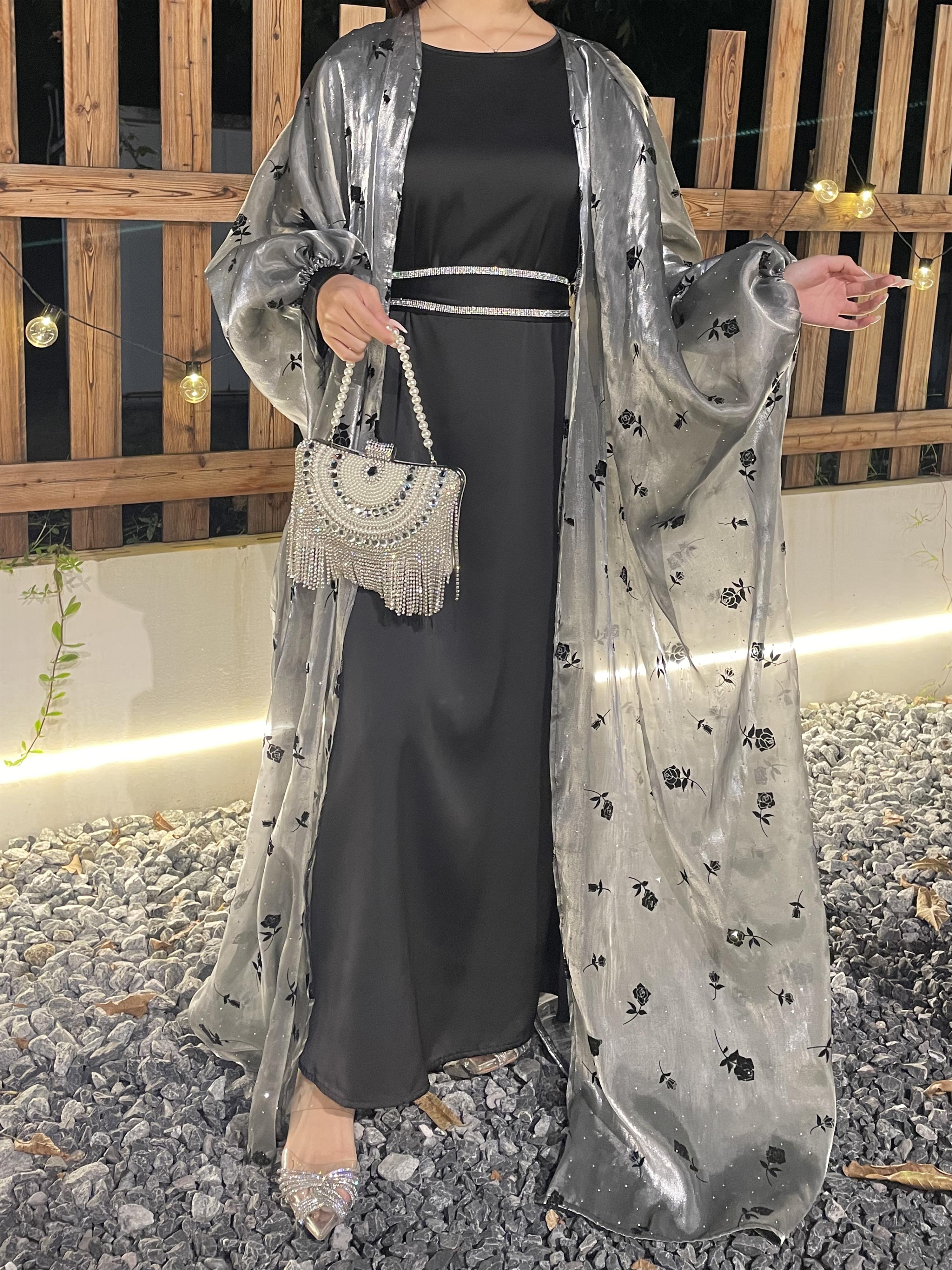 CL44 Organza Rose flower shiny abaya set, butterfly abaya with inner dress and crystal embellished belt,suitable for any occasions,Formal Chic【Fashionweek】 Modest Women