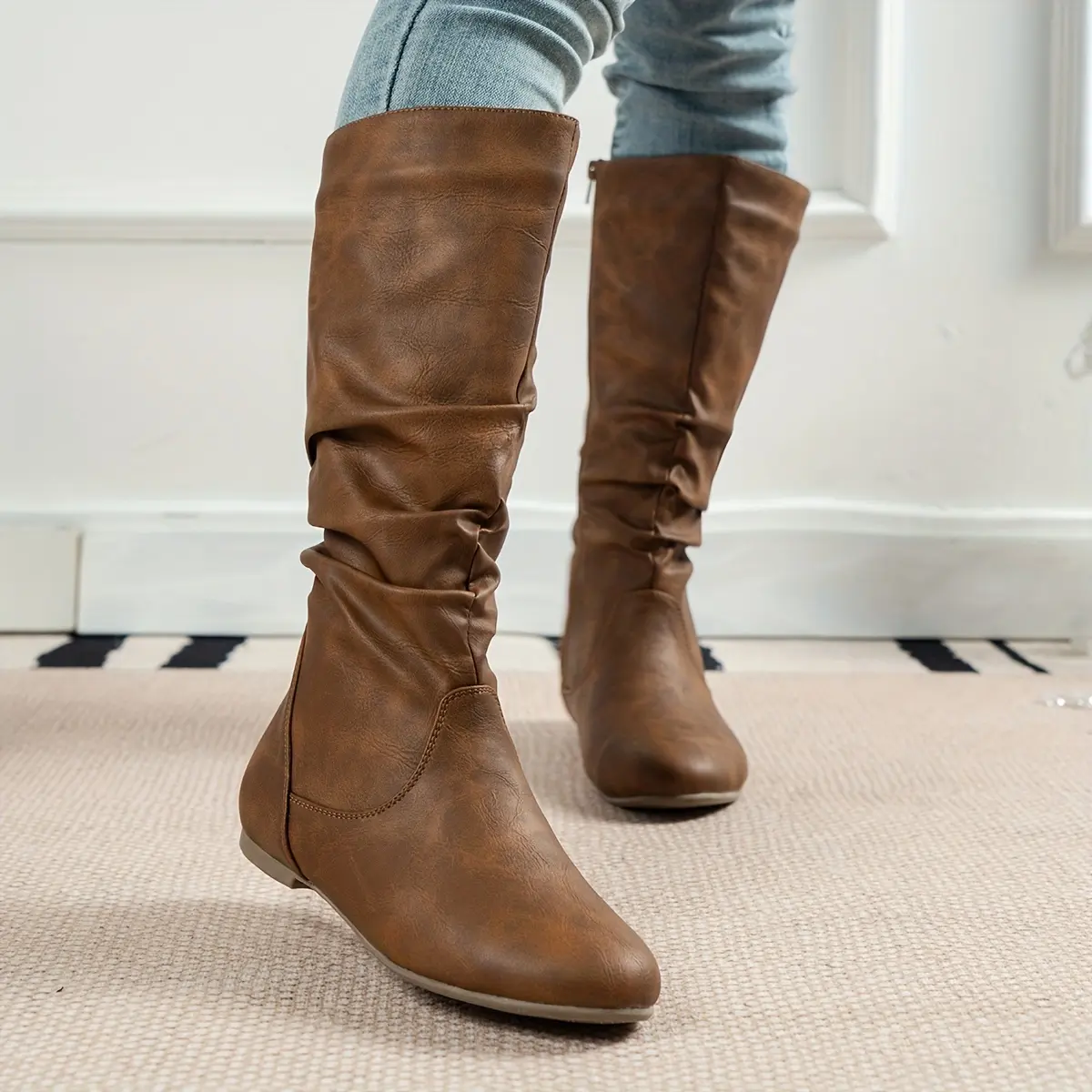 Women's Slouch Flat Riding Boots, Retro Side Zipper Western Motorcycle Boots, Versatile Long Boots