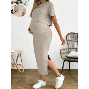 Maternity Solid Color Round Neck Short Sleeve Top And Skirt 2 Pieces Set dress summer  outfits