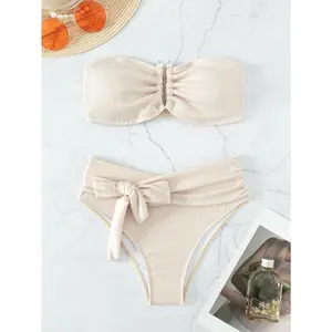 Swim rib bikini set V wired bandeau bra & Knot Front high waisted bottom 2 pieces bikini, summer beach