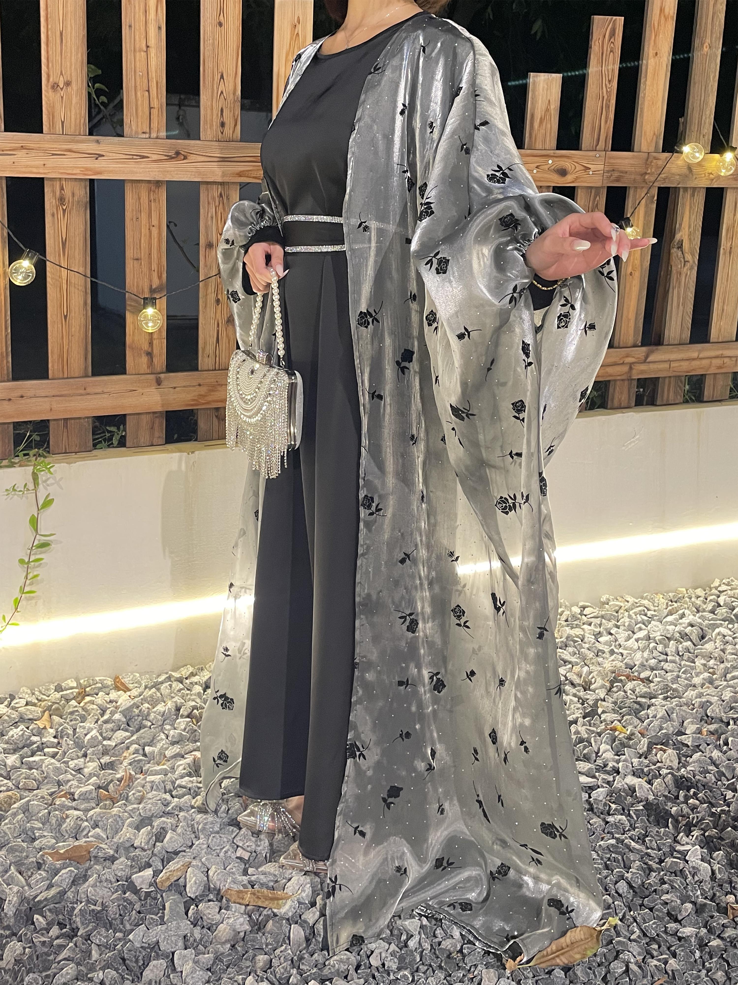 CL44 Organza Rose flower shiny abaya set, butterfly abaya with inner dress and crystal embellished belt,suitable for any occasions,Formal Chic【Fashionweek】 Modest Women