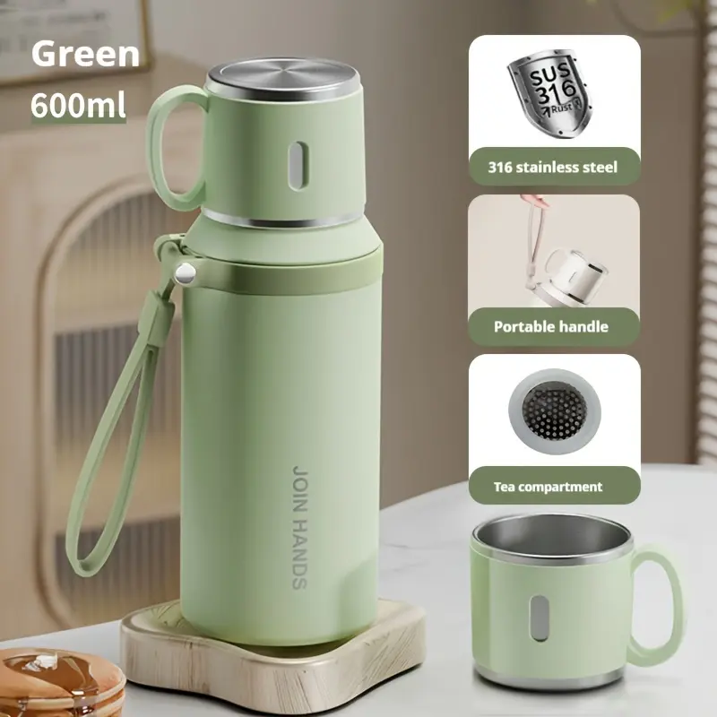 600ml Compact Minimalist Stainless Steel Insulated Tumbler for Adults - Casual Use, with Handle Lid, Straw Lid & Straw, 500-1000ml Range Compatible (Sports & Outdoor Camp Kitchen Accessory)