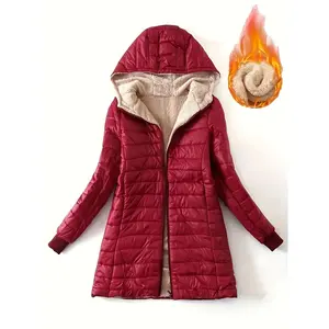 Autumn and Winter New Mid-Length Hooded Slim-Fit Fleece-Lined Warm Jacket for Women, Cozy Layering Piece, Winter Outerwear, Minimalist Design, Elegant Style, Soft Fleece Lining, Warm Fabric, Long Sleeve Jacket, Midlength Coat, Cold Climate Approve