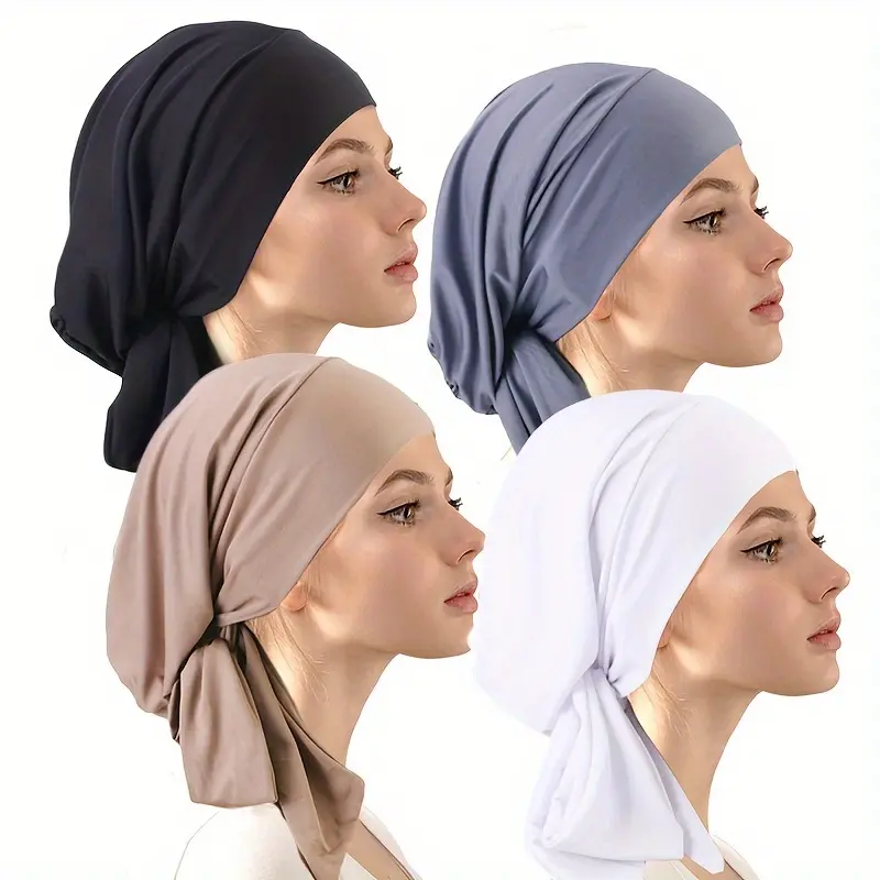 4pcs Elastic Band Headscarf Caps, Polyester Muslim Hijab Bonnet, Hair Protection Turban Hat for Women, Hijab Scarf