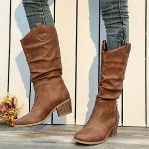 Comfy Chunky Heel Cowboy Boots - Women's Solid Color Trendy Slip On Soft Sole Boots