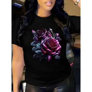 Cotton Short Sleeve  T-Shirt'S Floral Rose Print T-Shirt, Casual Crew Neck Short Sleeve, 100% Polyester Knit Fabric, All Season Fashion, 180gsm - Black